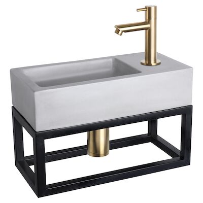 Fonteinset Differnz Ravo Beton en Handoekrek 38.5×18.5×9 cm Licht Grijs Met Rechte Kraan Mat Goud