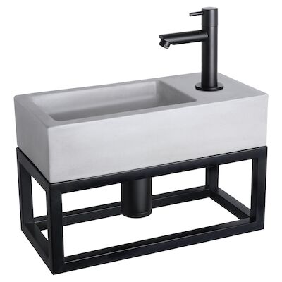 Fonteinset Differnz Ravo Beton en Handoekrek 38.5×18.5×9 cm Licht Grijs Met Rechte Kraan Mat Zwart