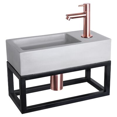 Fonteinset Differnz Ravo Beton en Handoekrek 38.5×18.5×9 cm Licht Grijs Met Rechte Kraan Rood Koper