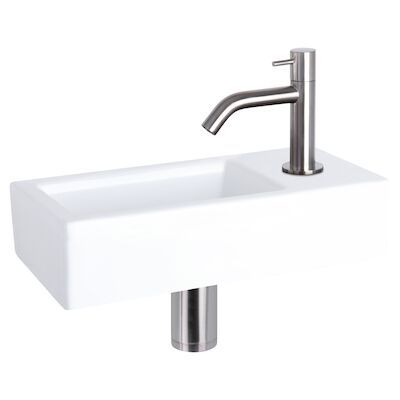 Fonteinset Differnz Ravo Keramiek 38.5×18.5×9 cm Wit Met Gebogen Kraan Mat Chroom