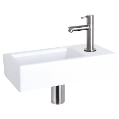 Fonteinset Differnz Ravo Keramiek 38.5×18.5×9 cm Wit Met Rechte Kraan Mat Chroom