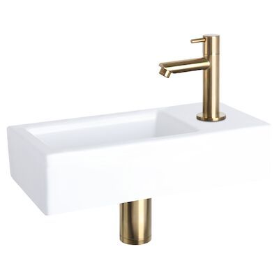Fonteinset Differnz Ravo Keramiek 38.5×18.5×9 cm Wit Met Rechte Kraan Mat Goud