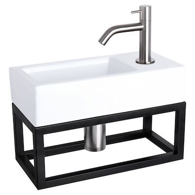 Fonteinset Differnz Ravo Keramiek Met Handoekrek 38.5×18.5×9 cm Wit Met Gebogen Kraan Mat Chroom