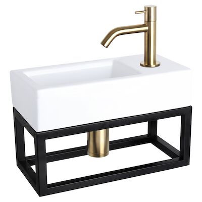 Fonteinset Differnz Ravo Keramiek Met Handoekrek 38.5×18.5×9 cm Wit Met Gebogen Kraan Mat Goud