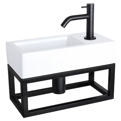 Fonteinset Differnz Ravo Keramiek Met Handoekrek 38.5×18.5×9 cm Wit Met Gebogen Kraan Mat Zwart