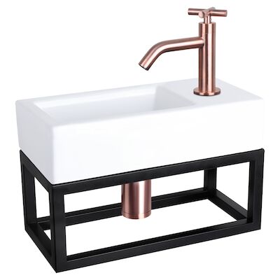 Fonteinset Differnz Ravo Keramiek Met Handoekrek 38.5×18.5×9 cm Wit Met Gebogen Kruis Kraan Rood Koper