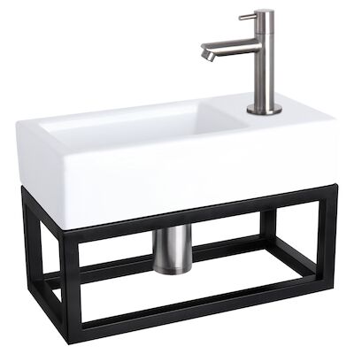 Fonteinset Differnz Ravo Keramiek Met Handoekrek 38.5×18.5×9 cm Wit Met Rechte Kraan Mat Chroom