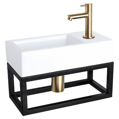 Fonteinset Differnz Ravo Keramiek Met Handoekrek 38.5×18.5×9 cm Wit Met Rechte Kraan Mat Goud