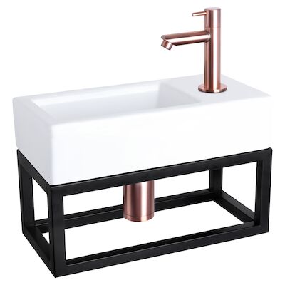 Fonteinset Differnz Ravo Keramiek Met Handoekrek 38.5×18.5×9 cm Wit Met Rechte Kraan Rood Koper