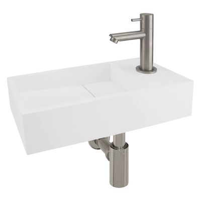 Fonteinset Differnz Rechts 36×18.5×9 cm Solid Surface Mat Wit (inclusief mat verchroomde kraan sifon en afvoer)