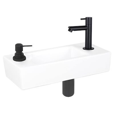 Fonteinset Differnz Sapon Rechts 42.5×18.5×9 cm Geintegreerde Zeepdispenser Keramiek Wit (inclusief mat zwarte kraan sifon en afvoer)