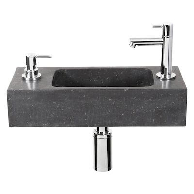 Fonteinset Differnz Sapon Rechts 42.5×18.5×9 cm Geintegreerde Zeepdispenser Natuursteen Antraciet (inclusief chrome kraan sifon en afvoer)