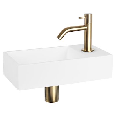 Fonteinset Differnz Solid Solid Surface 36×18.5×9 cm Wit Met Gebogen Kraan Mat Goud
