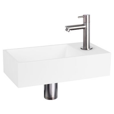Fonteinset Differnz Solid Solid Surface 36×18.5×9 cm Wit Met Rechte Kraan Mat Chroom