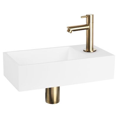 Fonteinset Differnz Solid Solid Surface 36×18.5×9 cm Wit Met Rechte Kraan Mat Goud