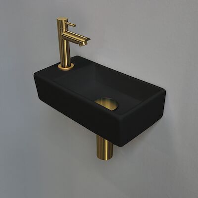 Fonteinset INK Versus 36x18x9cm Porselein Mat Zwart Met Kraangat Links Brushed Mat Goud
