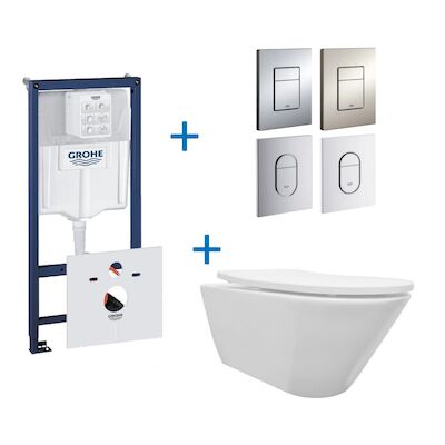 Grohe Rapid SL Toiletset set10 Wiesbaden Stereo Rimless Mat Wit met Grohe Arena of Skate drukplaat