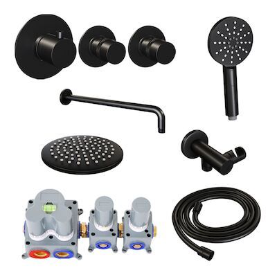 Inbouw Regendouche Set Brauer Black Edition Gebogen Wanduitloop Ronde Hoofddouche 20 cm Met Twee Stopkranen en Handdouche 3 Standen Mat Zwart