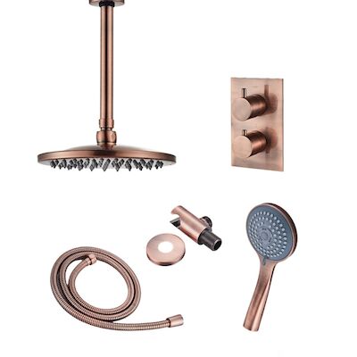 Inbouw Regendouche Set BWS Copper met Plafonduitloop en 3 Standen Handdouche Geborsteld Koper 20 cm