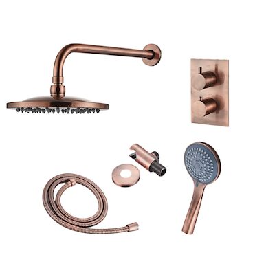 Inbouw Regendouche Set BWS Copper met Wanduitloop en 3 Standen Handdouche Geborsteld Koper 30 cm