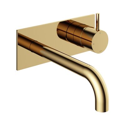 Inbouw Wastafelkraan Met Achterplaat Hotbath Cobber 18cm Gebogen Uitloop 1-Hendel Gepolijst Messing PVD