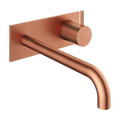 Inbouw Wastafelkraan Met Achterplaat Hotbath Cobber 25cm Gebogen Uitloop 1-Hendel Geborsteld Koper