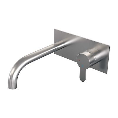 Inbouw Wastafelmengkraan Brauer Brushed Edition Coldstart Gebogen Uitloop Korte Platte Hendel Rechts Geborsteld RVS PVD Met Afdekplaat