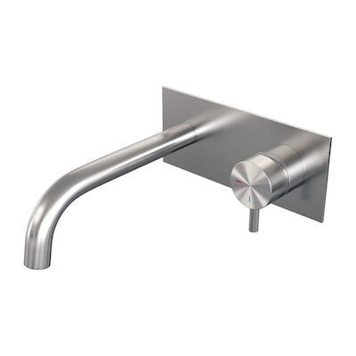 Inbouw Wastafelmengkraan Brauer Brushed Edition Coldstart Gebogen Uitloop Korte Ronde Hendel Rechts Geborsteld RVS PVD Met Afdekplaat