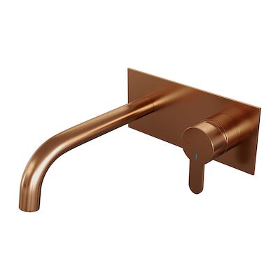 Inbouw Wastafelmengkraan Brauer Copper Edition Coldstart Gebogen Uitloop Korte Platte Hendel Rechts Geborsteld Koper PVD Met Afdekplaat