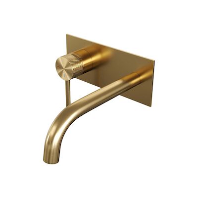 Inbouw Wastafelmengkraan Brauer Gold Carving Coldstart Gebogen Uitloop Ronde Hendel Links Geborsteld Goud PVD Met Afdekplaat