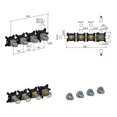 Inbouwdeel Douchethermostaat Hotbath Cobber Met 3 Stopkranen Horizontaal en Verticaal Zwart Chroom