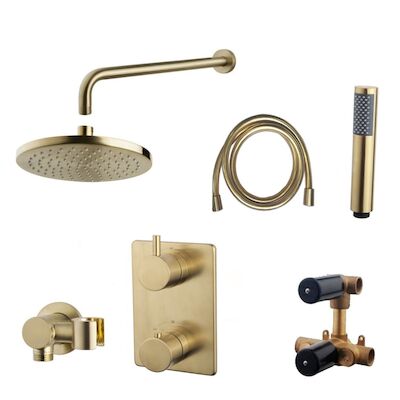 Inbouwthermostaatset Wiesbaden Caral Rond 20cm Muuruitloop Geborsteld Messing Goud PVD Coating