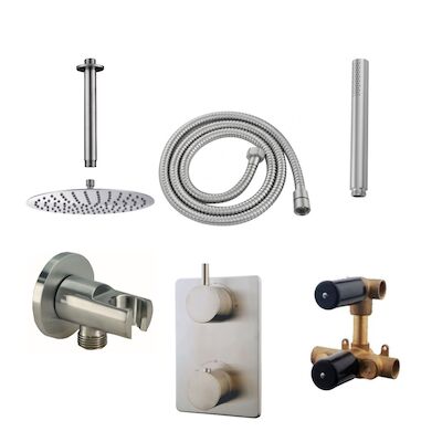 Inbouwthermostaatset Wiesbaden Caral Rond 20cm Plafonduitloop Geborsteld RVS PVD Coating
