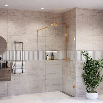 Inloopdouche BWS Portos Geborsteld Messing Goud 100×200 cm Helder Glas 8 mm Nano Coating