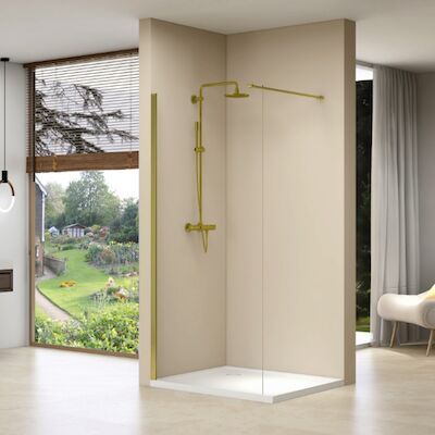 Inloopdouche Van Rijn Products Vaste Wand 140×200 cm Helder Glas Incl Stabilisatiestang en Gouden Muurprofiel