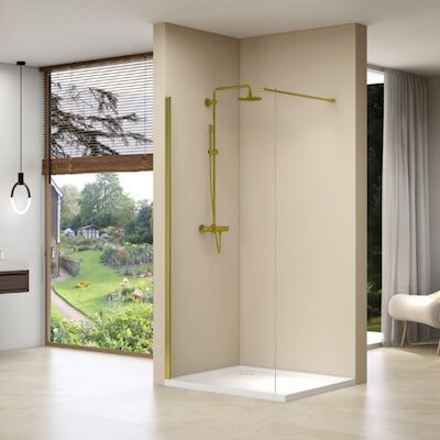 Inloopdouche Van Rijn Products Vaste Wand 59-61×200 cm Helder Glas Stabilisatiestang en Gouden Muurprofiel