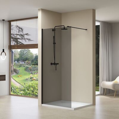 Inloopdouche Van Rijn ST01 100×200 cm Rookglas 8 mm Met Stabilisatiestang Mat Zwart