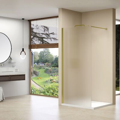 Inloopdouche Van Rijn ST01 90×200 cm Melkglas 8 mm Met Stabilisatiestang Messing Goud