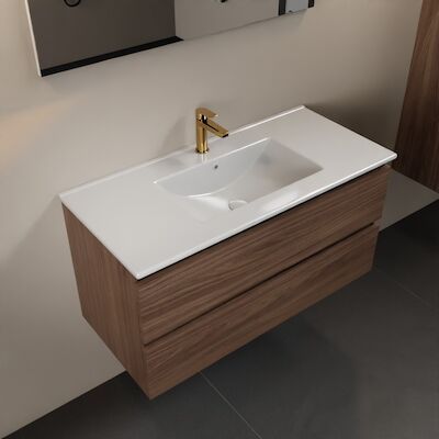 MONDIAZ AIVY 100cm badmeubel Mocha, wastafel glanzend wit keramiek midden 1 kraangat met spiegel (M60102 – AI-M100MOMI – AI-S100X70)