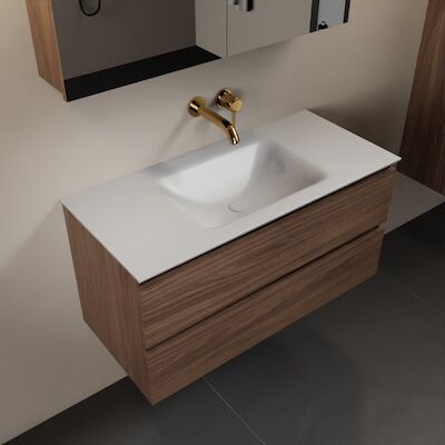 MONDIAZ AIVY 100cm badmeubel Mocha, wastafel Talc solid surface midden zonder kraangat met spiegelkast (AI-351321TALC-NO – AI-M100MOMI – AI-C100MOMI)