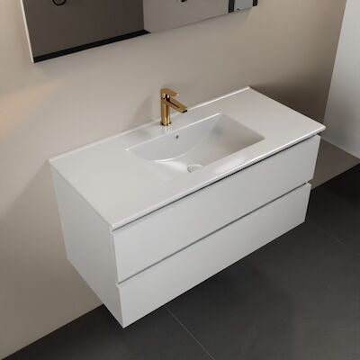 MONDIAZ AIVY 100cm badmeubel Talc, wastafel glanzend wit keramiek midden 1 kraangat met spiegel (M60102 – AI-M100TAMI – AI-S100X70)
