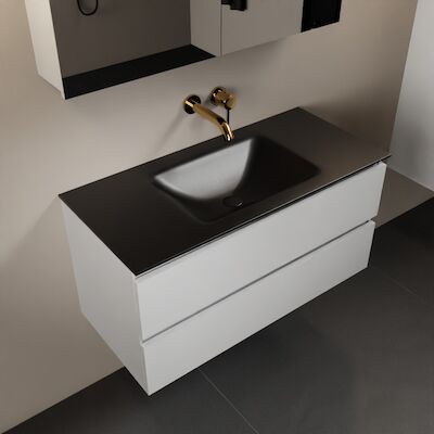 MONDIAZ AIVY 100cm badmeubel Talc, wastafel Urban solid surface midden zonder kraangat met spiegelkast (AI-351321URBAN-NO – AI-M100TAMI – AI-C100TAMI)