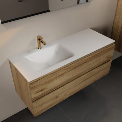 MONDIAZ AIVY 120cm badmeubel Chai, wastafel Talc solid surface links 1 kraangat met spiegel (AI-351631TALC-SI – AI-M120CHLI – AI-S120X71)