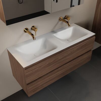 MONDIAZ AIVY 120cm badmeubel Mocha, wastafel Talc solid surface dubbel zonder kraangat met spiegelkast (AI-351651TALC-NO – AI-M120MODU – AI-C120MOMI)