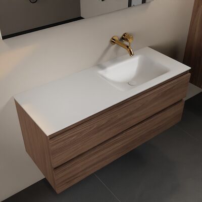 MONDIAZ AIVY 120cm badmeubel Mocha, wastafel Talc solid surface rechts zonder kraangat met spiegel (AI-351641TALC-NO – AI-M120MORE – AI-S120X72)