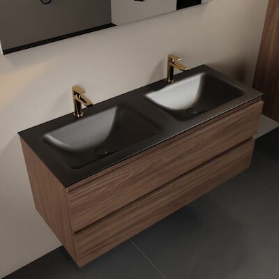 MONDIAZ AIVY 120cm badmeubel Mocha, wastafel Urban solid surface dubbel 2 kraangaten met spiegel (AI-351651URBAN-SI – AI-M120MODU – AI-S120X73)