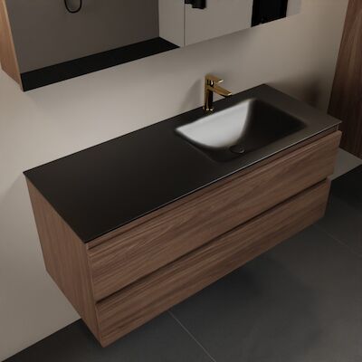 MONDIAZ AIVY 120cm badmeubel Mocha, wastafel Urban solid surface rechts 1 kraangat met spiegelkast (AI-351641URBAN-SI – AI-M120MORE – AI-C120MOMI)