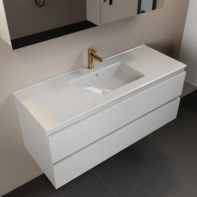 MONDIAZ AIVY 120cm badmeubel Talc, wastafel glanzend wit keramiek midden 1 kraangat met spiegelkast (M60103 – AI-M120TAMI – AI-C120TAMI)