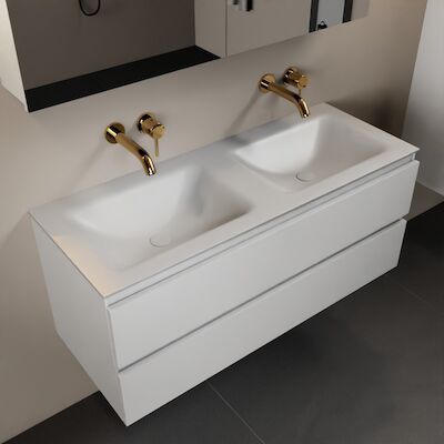 MONDIAZ AIVY 120cm badmeubel Talc, wastafel Talc solid surface dubbel zonder kraangat met spiegelkast (AI-351651TALC-NO – AI-M120TADU – AI-C120TAMI)