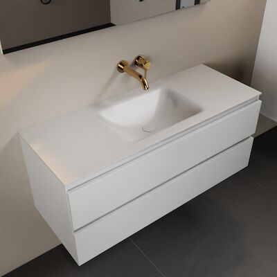 MONDIAZ AIVY 120cm badmeubel Talc, wastafel Talc solid surface midden zonder kraangat met spiegel (AI-351621TALC-NO – AI-M120TAMI – AI-S120X70)
